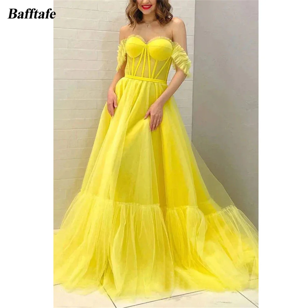 

Bafftafe Fairy Yellow Soft Tulle Women Prom Party Dresses Pleated Sweetheart Bones Evening Dress Special Occasion Birthday Gowns