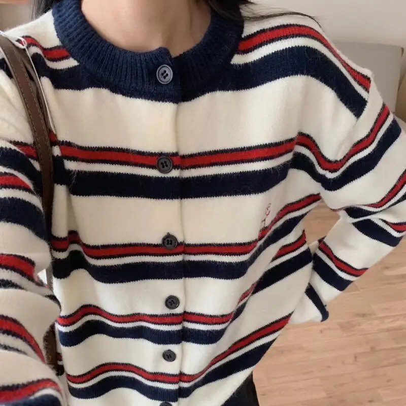 

Autumn Winter Knitted Women's Cardigan Girl's Sweater Pullover Thicken Stripe Embroidery Stripes Zipper Knitwear Outerwear Coat