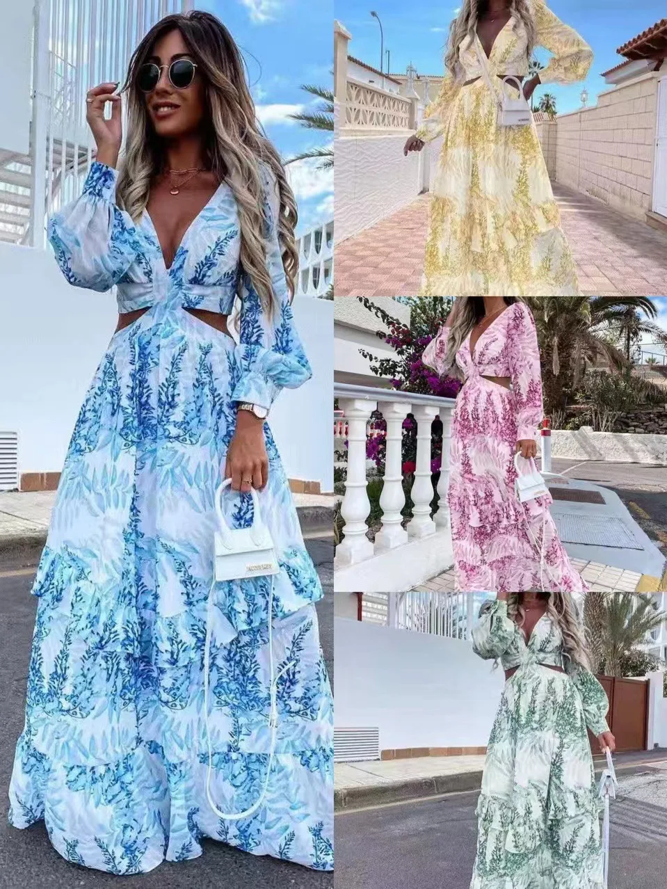 Długie falbany Vestidos lato nowa z łańcuchem z długim rękawem dekolt w serek koronki moda seksowny nadruk sukienka INS trendy Y2K dekolt sexy d