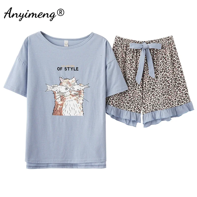 New Summer Fashion Women Pajama Sets Leopard Print Short Pants Cat Printing Sleepwear Big Size 4XL Leisure Pijamas for Girls