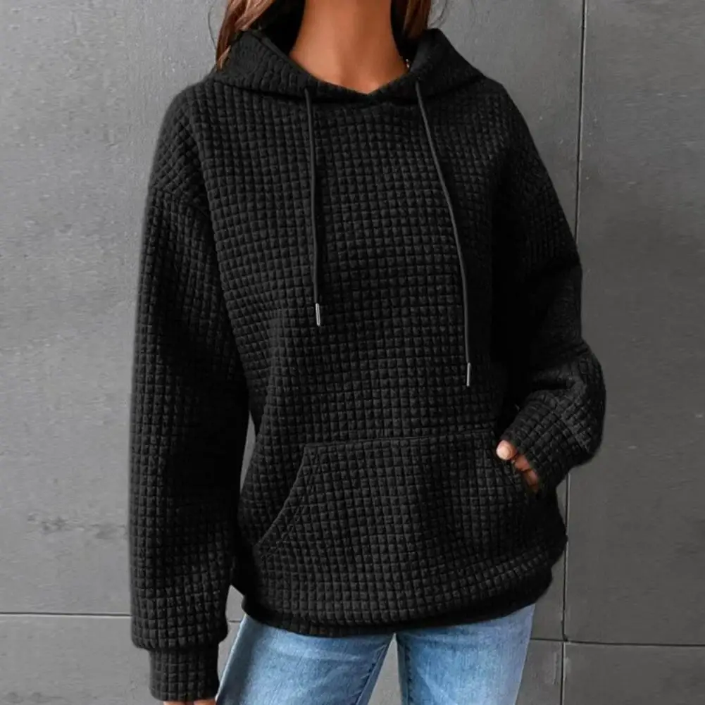 

Women Hoodie Cozy Waffle Texture Hoodie with Drawstring Hood Patch Pocket Warm Winter Pullover for Women Loose Fit Long Sleeve