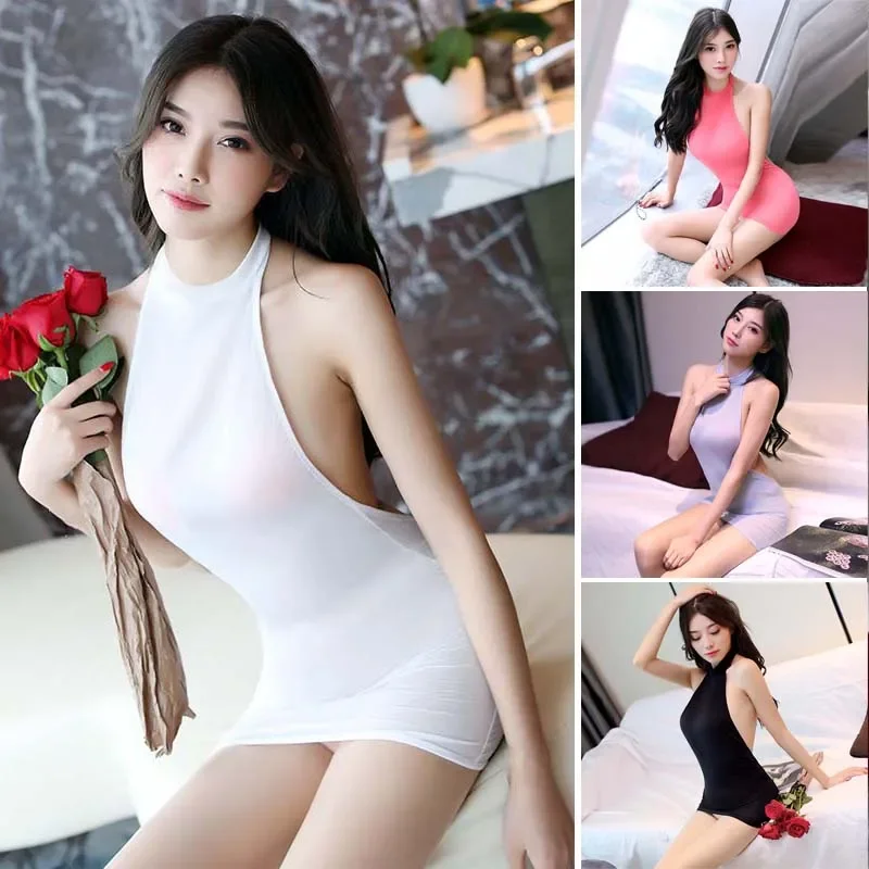 Mulheres vestido senhoras sem costas bodysuit sexy fino ajuste t volta bodycon halterneck lingerie sem mangas sólido elástico