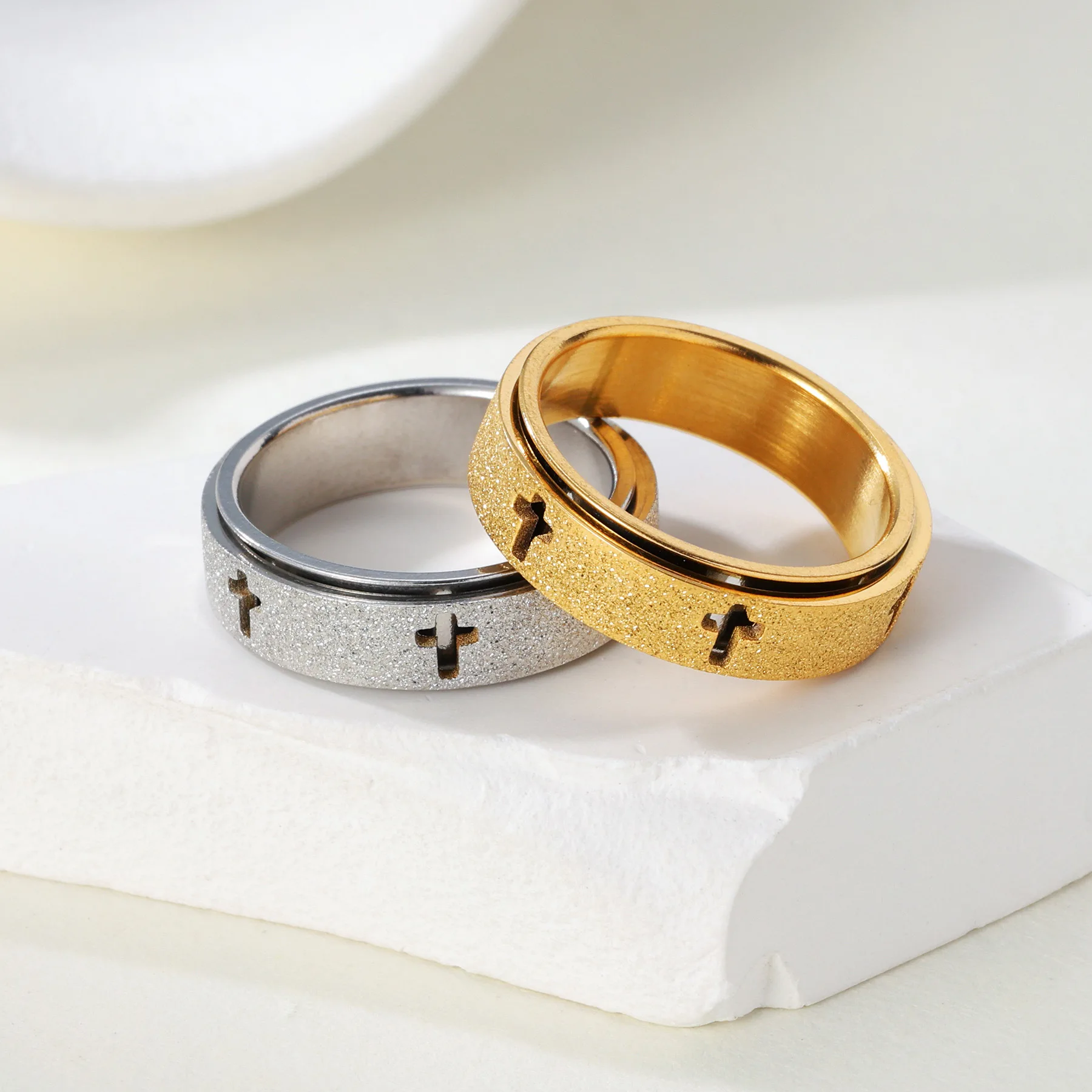304 Stainless Steel Rotating Cross Spinner Rings For Men Women Frosted Gold Silver Color Couple Engagement Wedding Bands Jewelry