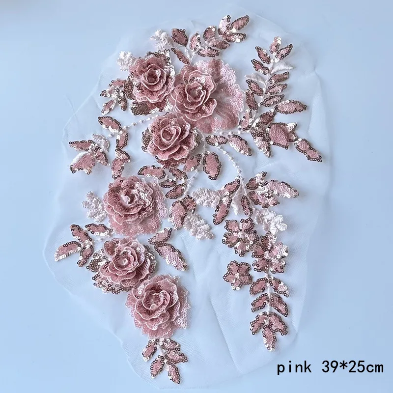 1Pcs High Quality 3D Sequin Large Flower Embroidery Patches Mesh Fabrics Lace Applique Sewing On Wedding Dress Clothing Decor