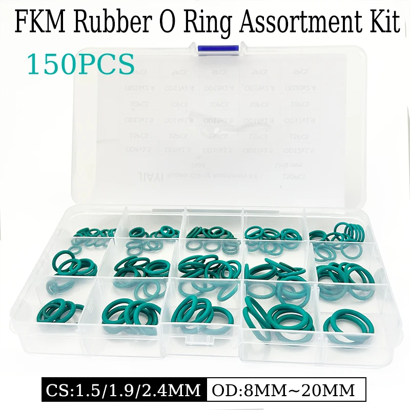 

150Pcs FKM Green O-Rings OD 8mm~20mm CS 1.5/1.9/2.4mm Industrial Sealing Assortment Kit High Temp & Oil Resistant Fluororubber