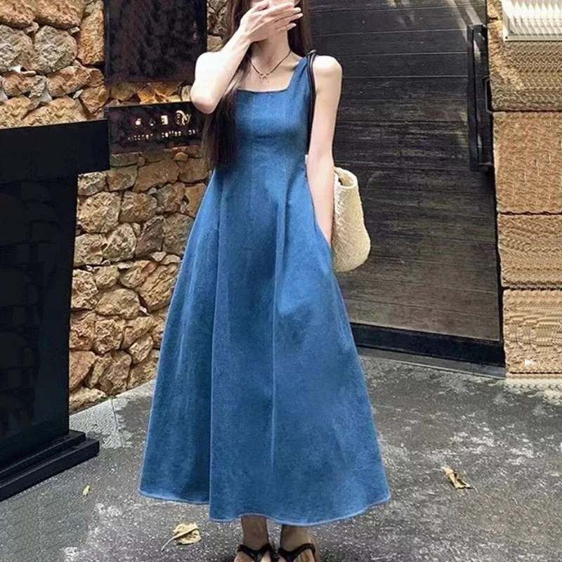 

Women Elegant Denim Dress Solid Color Female Sleeveless Square Collar A-Line Long Dresses Summer Lady Party Beach Maxi Dresses
