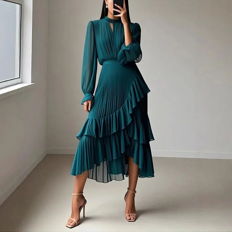 

Chic Spring O Ne Ruffle Irregular Dr Women High Cleanfit H Version Linen Material Tee-quarter Sve Midi Dr