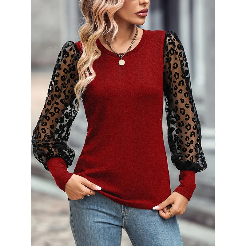 Spring Autumn Round Neck Mesh Jacquard Patchwork Long Sleeve T-shirt Ladies Slim All-match Bottoming Tees Women's Pullover Top