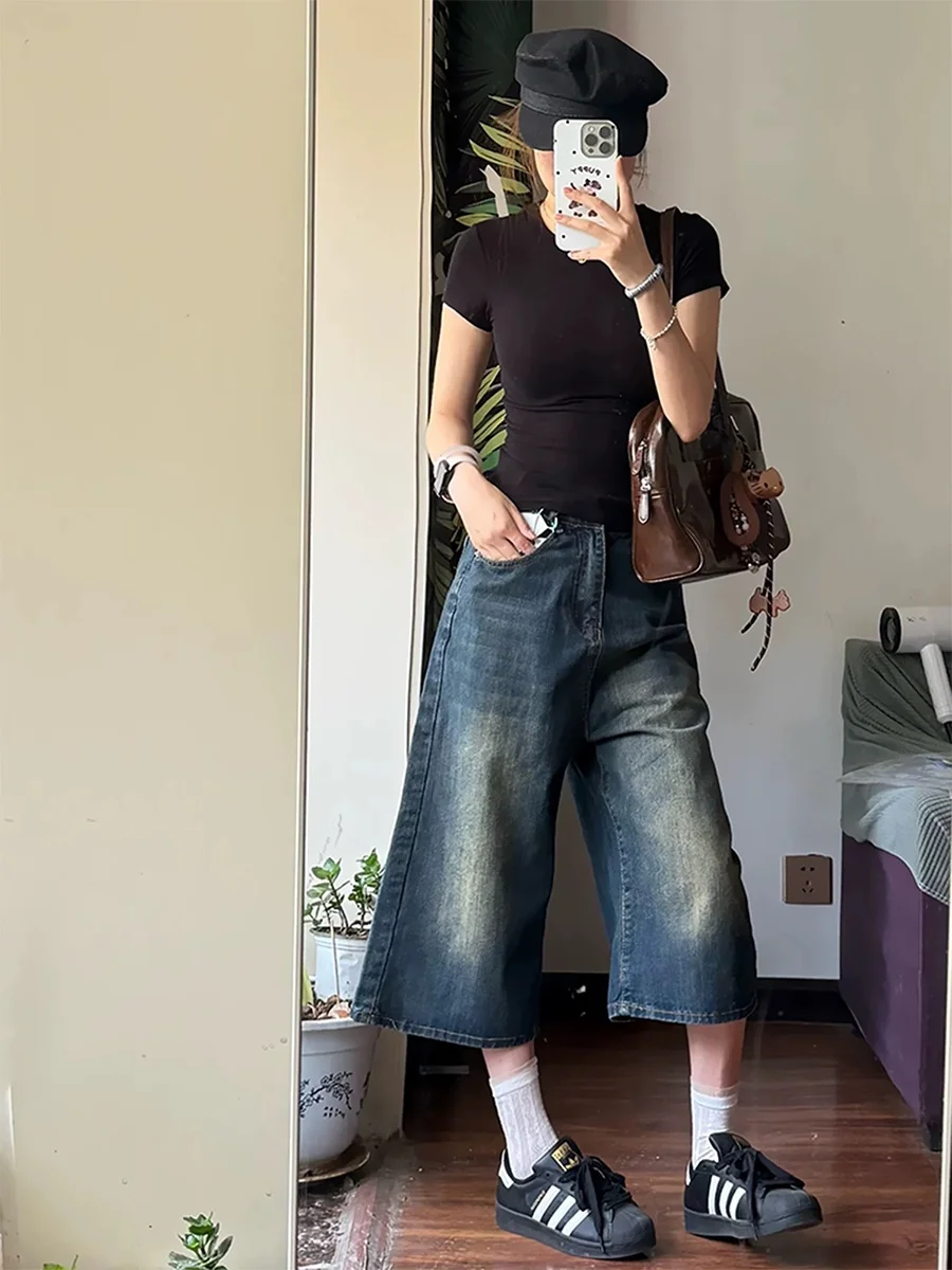 

Джинсы женские летние прямые с высокой талией, свободные, широкие, средней длины, в американском стиле, для полных, стройнящие