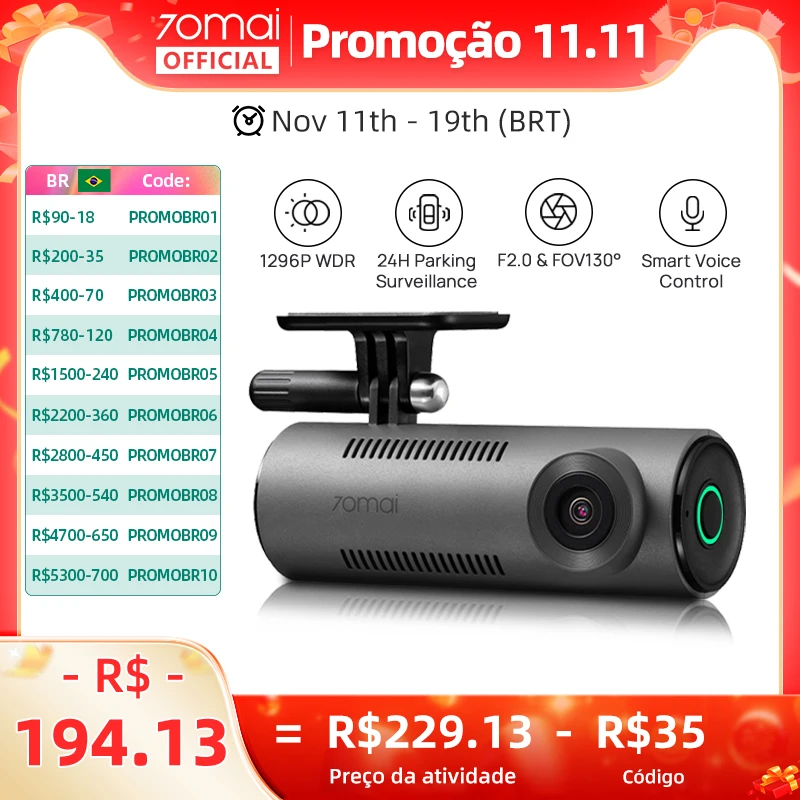 70mai Dash Cam M310 1296P Resolução 130 ° FOV Smart Voice Control Suporte 24H Parking Guard Night Vision 70mai M310 Carro DVR
