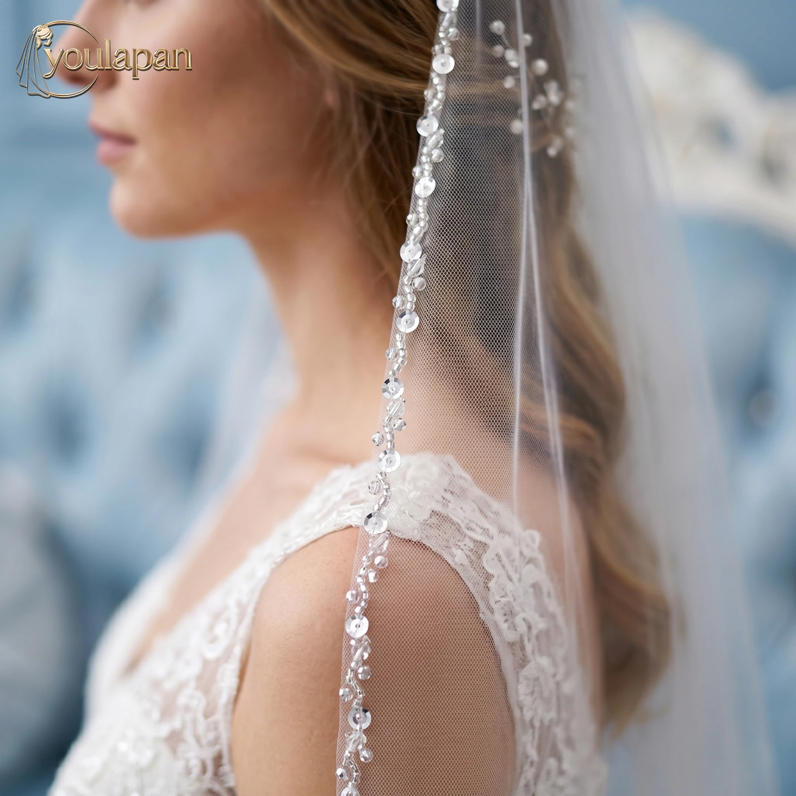 TOPQUEEN Rhinestone Edge Voile MariéE Wedding Accessories Women'S With Crystal Beaded Accessories For Wedding Dress V155