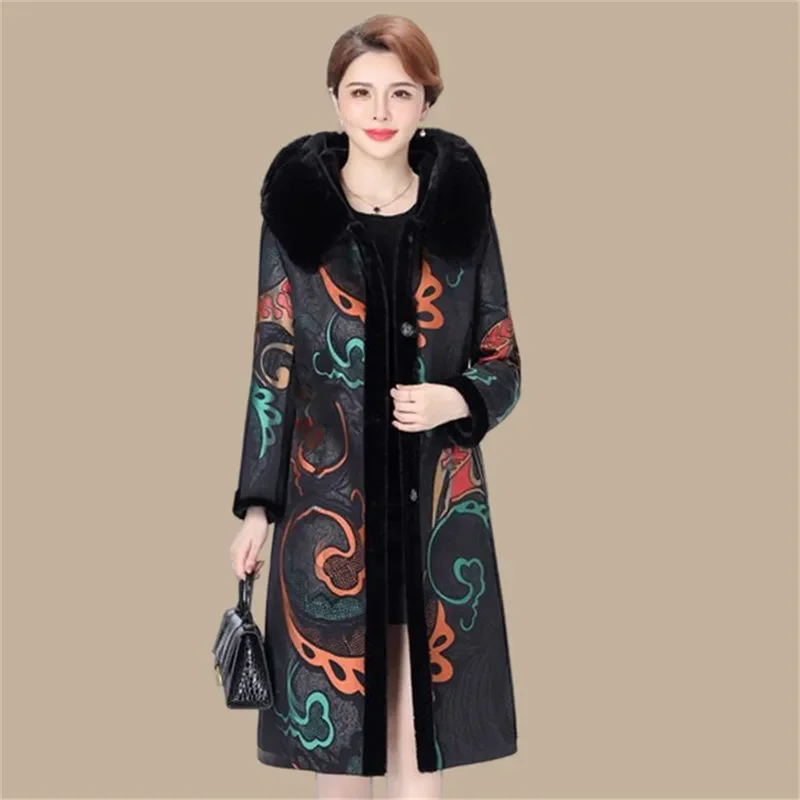 High Quality Fur Coat For Women Two Sides Wear 2024 Mother\'s Coat Thick Warm Long Jacket With Hood Liner Plush Coat Fur Collar