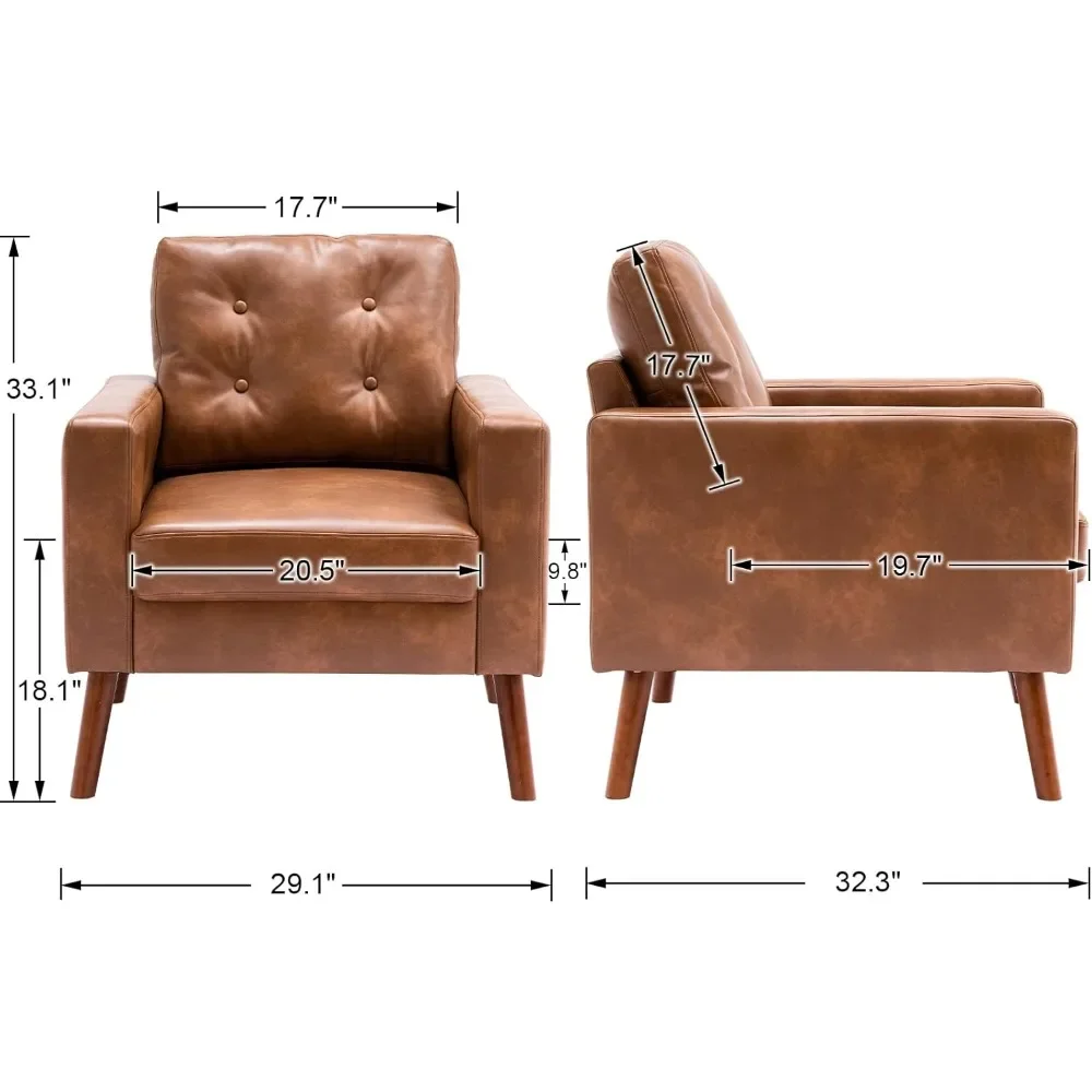 Living Room Chair with Tufted Back, Faux Leather Comfy Upholstered Single Sofa, Modern Side Club Chair with Wood Legs