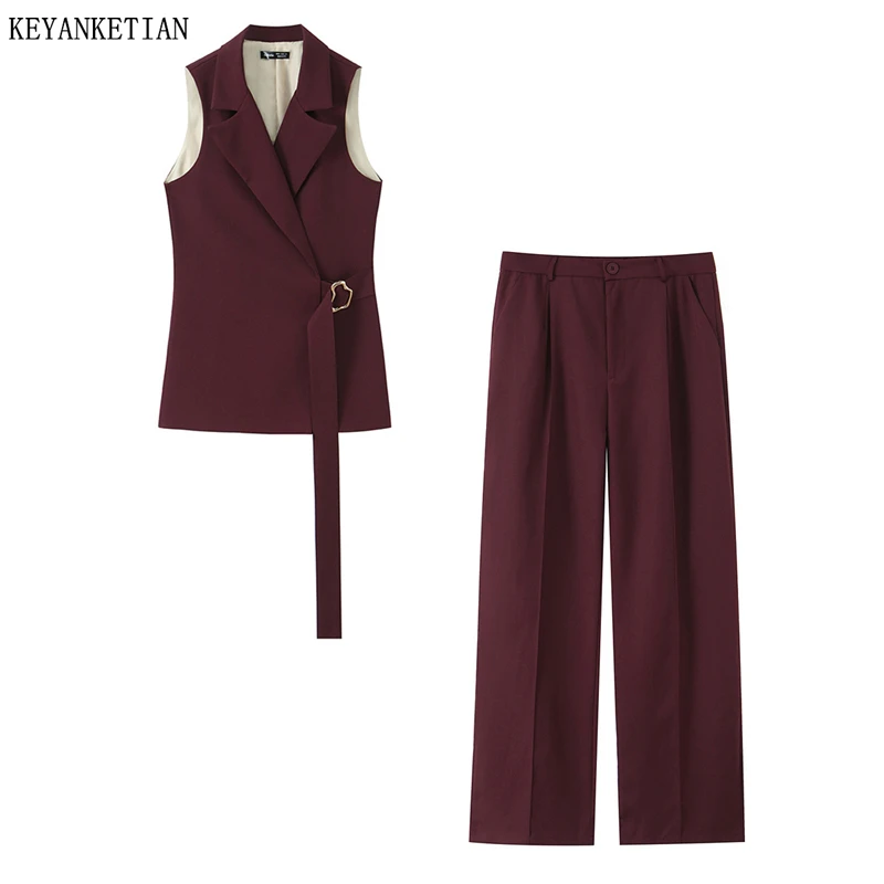 

KEYANKETIAN 2025 Новинка: Элегантный офисный костюм для женщин в стиле Commute — бордовый комплект из 2 предметов: жилет-блейзер без рукавов и брюки с широкими штанинами