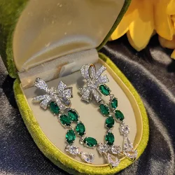 luxury green zircon bow water drop earrings personality retro unique bowknot romance sparkling banquet jewelry
