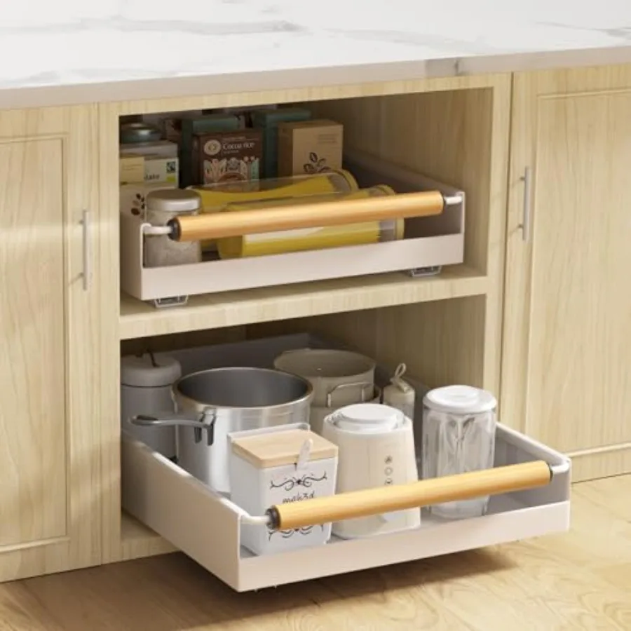 

No-Drill Pull Out Cabinet Organizer 15.3'' Deep Expandable Slide Out Drawers for Kitchen Pantry and Under Sink Storage, Adhesiv