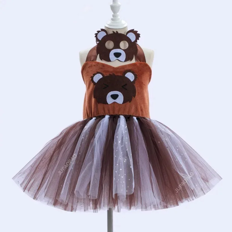 

New Models Kids Girls Halloween Dress Up Cosplay Animal Theme Party Brown Bear Handmade Mesh Tutu Dress With Matching Hair Hoop