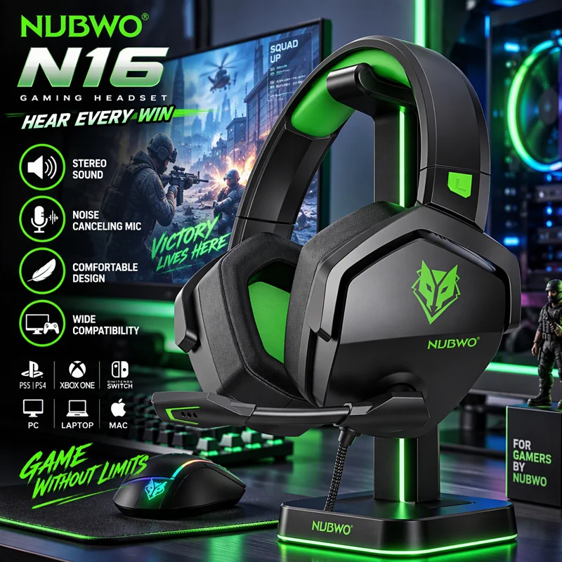 NUBWO N16 Headset Gamer Estéreo Confortável com Microfone com Cancelamento de Ruído para PS5 PS4 Xbox One Switch PC Laptop Mac Fones de Ouvido Premium HD