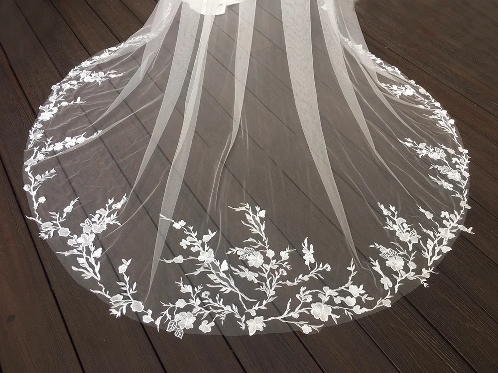 Custom Floral Lace Wedding One Tier Flower Veil Cathedral Bridal Veil