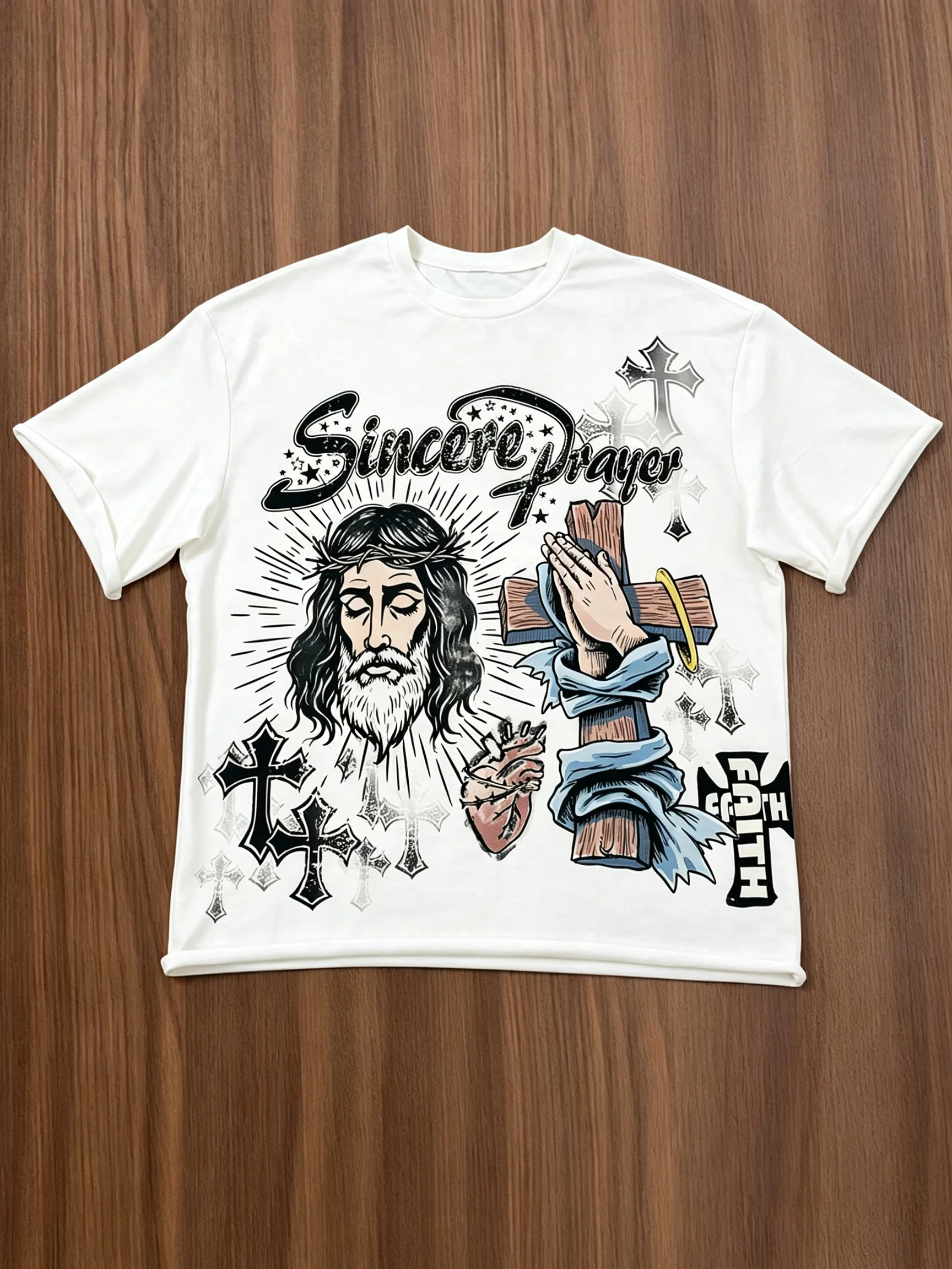 2026 New Parent‑Child Matching Oversize Cotton Tee Retro Faith‑Theme Portrait Cross Praying‑Hands Sincere‑Prayer Graphic T‑Shirt