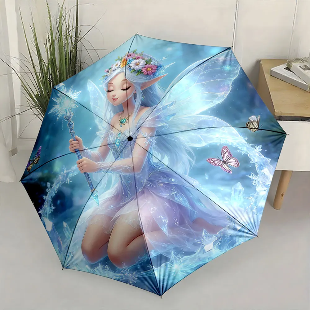 1PC Fairy-Inspired Umbrella with Elegant Wings and Mystical Touch Print 8 Iron Ribs Folding Umbrella Auto-Open Fashion Sunshade