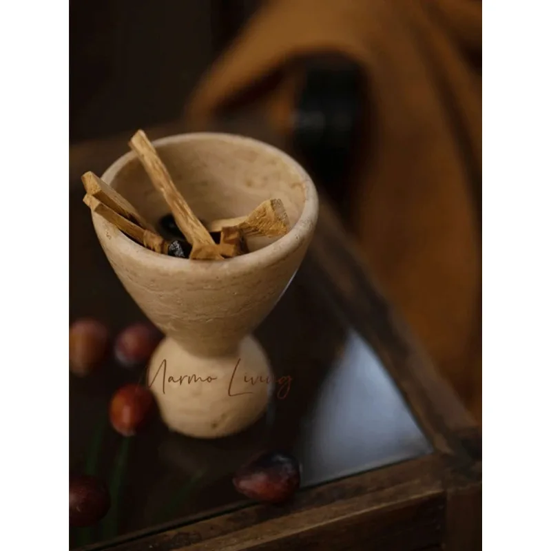 

Natural Marble Incense Burner Holder for Palo Santo Wood Sticks Handmade Beige Travertine Mubkhar