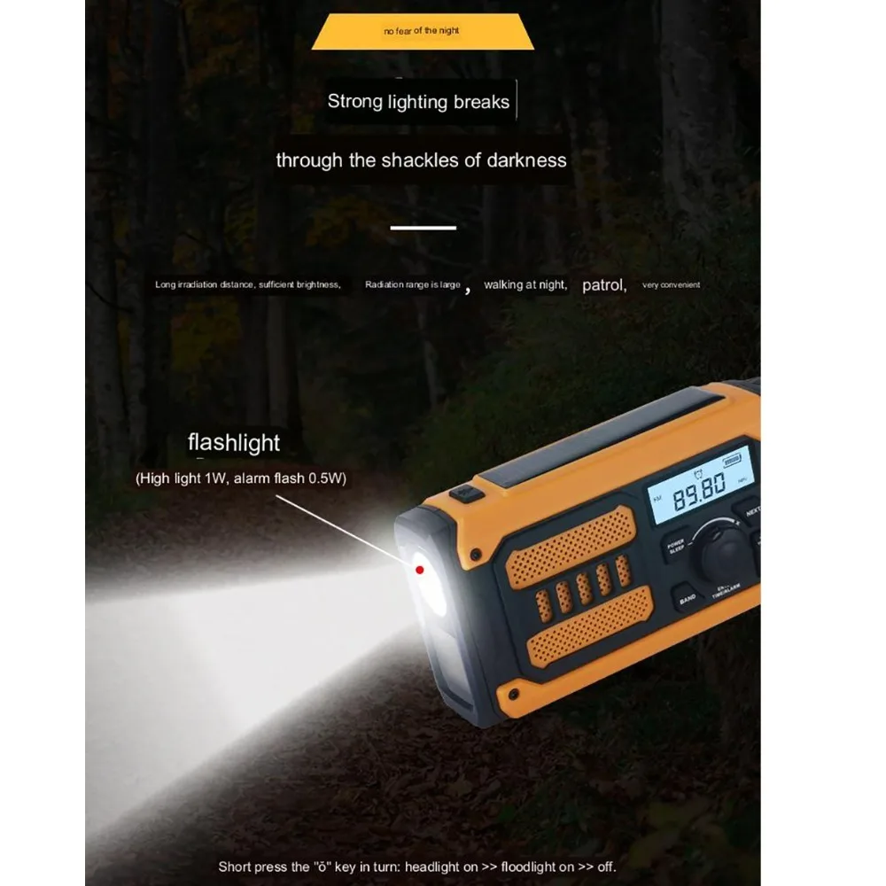 2000mAh Solar Emergency Radio Hand Crank Power Bank Portable Weather Radio LED Flashlight Multi-band SOS Outside Radio Universal