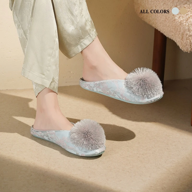 

Ladies Indoor Embroidered Cotton Slippers Soft Breathable Simple Style with Big Pom Pom Decoration California Fashion for Home