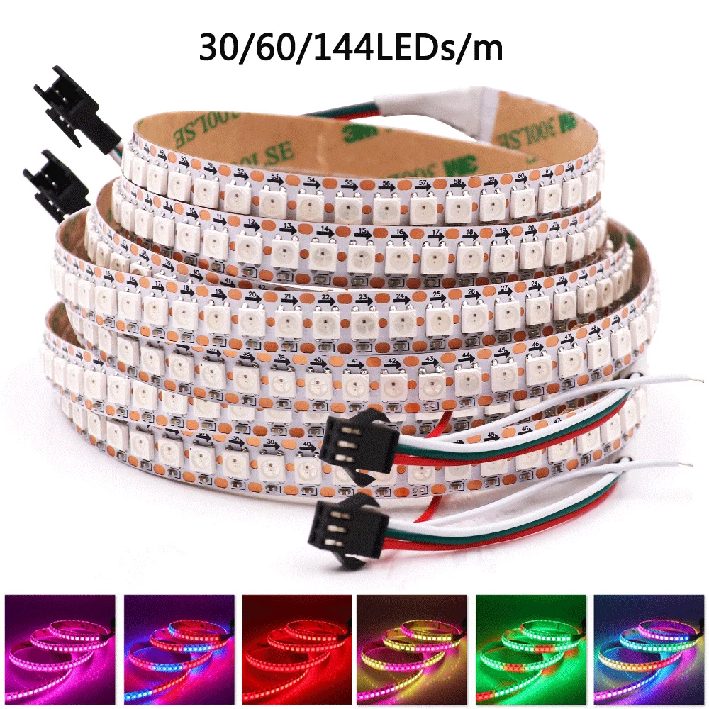 

Светодиодная RGB лента WS2812B, 5 в постоянного тока, индивидуально Адресуемая, 5050 пикселей цвета мечты, светильник, 30/60/144 светодиодов/м, водонепроницаемая Диодная лента