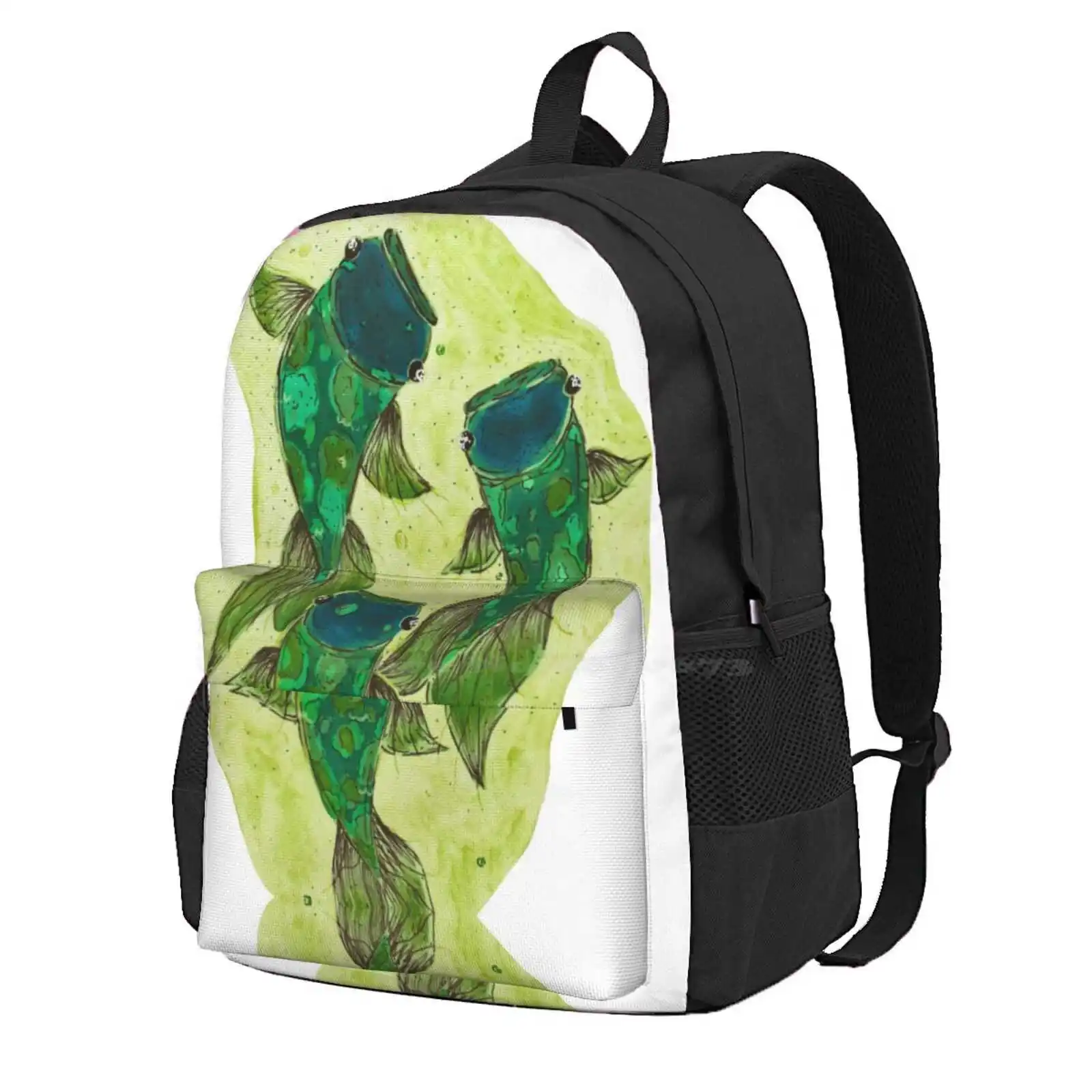 3 Koi Ii Hot Sale Schoolbag Backpack Fashion Bags Koi Fish Green Sisters Blue Aquatic Water Relaxing Three Siblings Family