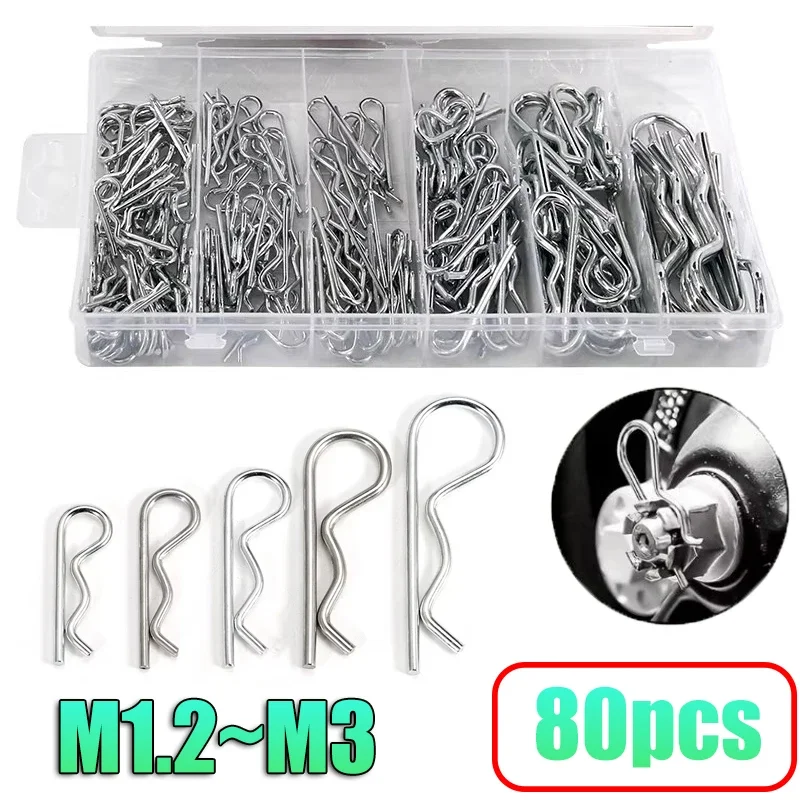 80 piezas de Conectores Resorte Tipo Cotter Pin de 1.2~3mm, Surtido de Clips en R Acero Inoxidable 304/Acero al Carbono, P