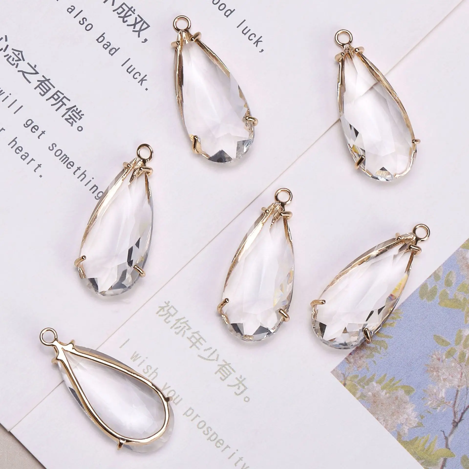 10pcs/ Bag   Copper gold-plated white transparent crystal diamond long water droplet pendant DIY necklace earrings accessories