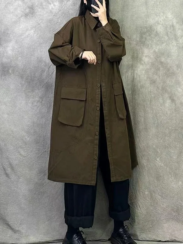 

Autumn Women's Loose plus Size Mid-Length Color Windbreaker Jaet Single Button Large ket Casual Workwear Coat