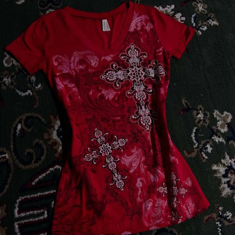 Winter Gothic Y2k Women V Neck T Shirt Dark Ins Style Harajuku High Street Trend European American Cross Border