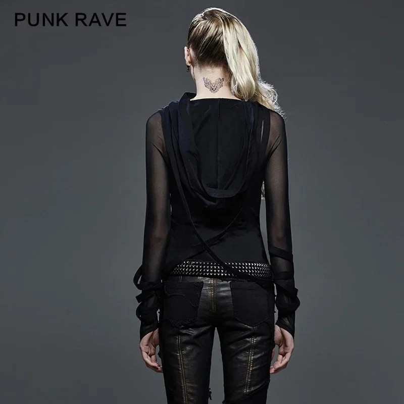 PUNK RAVE Punk Women Dark Street T-Shirt Big Hood Black Translucent Long Sleeves Stretch Tee Shirt Heavy Steampunk Tops Hooded