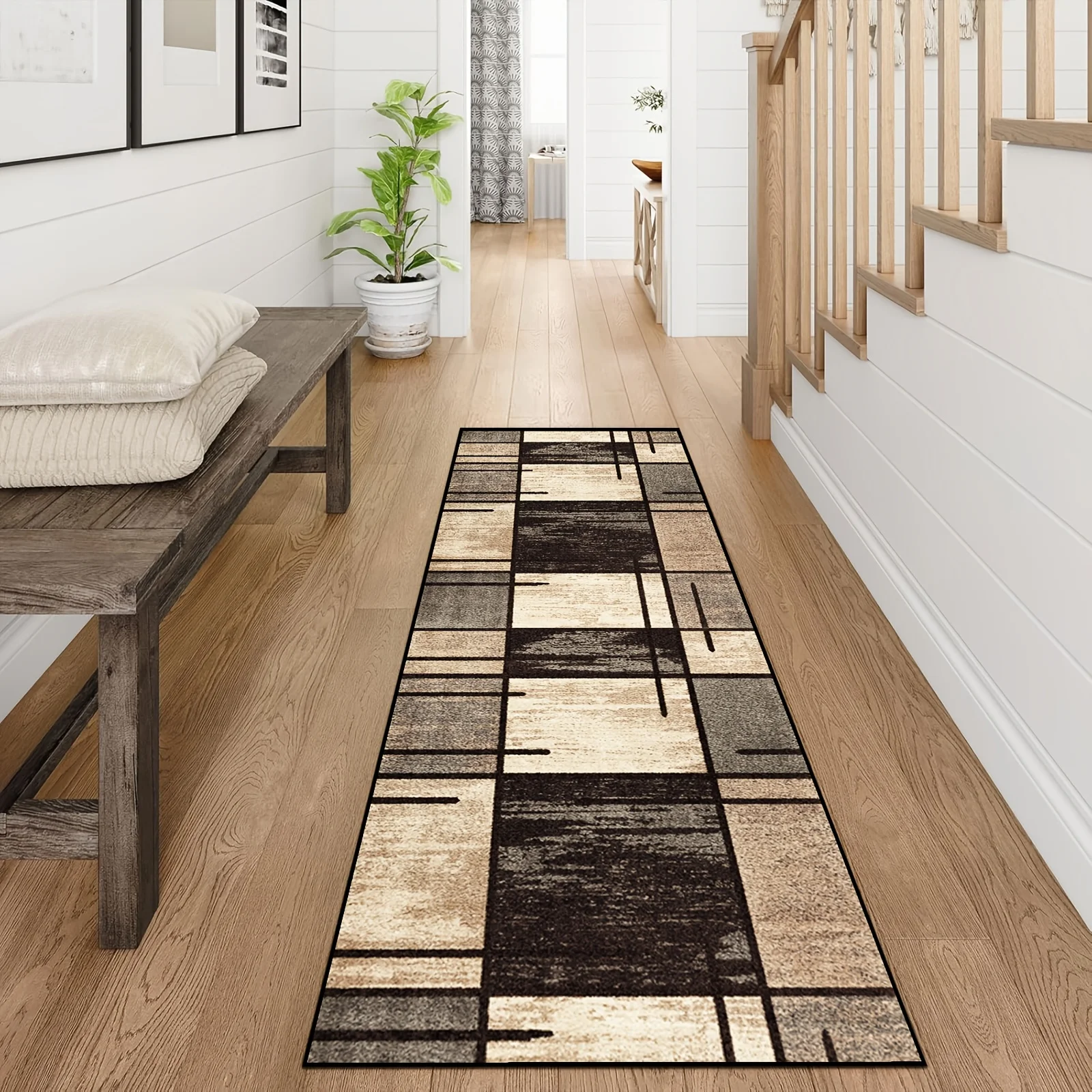 Hexagonal Pattern Runner Rug Intricate Black And Beige Motif Indoor Floor Mat For Hallway Kitchen Entryway Home Decoration