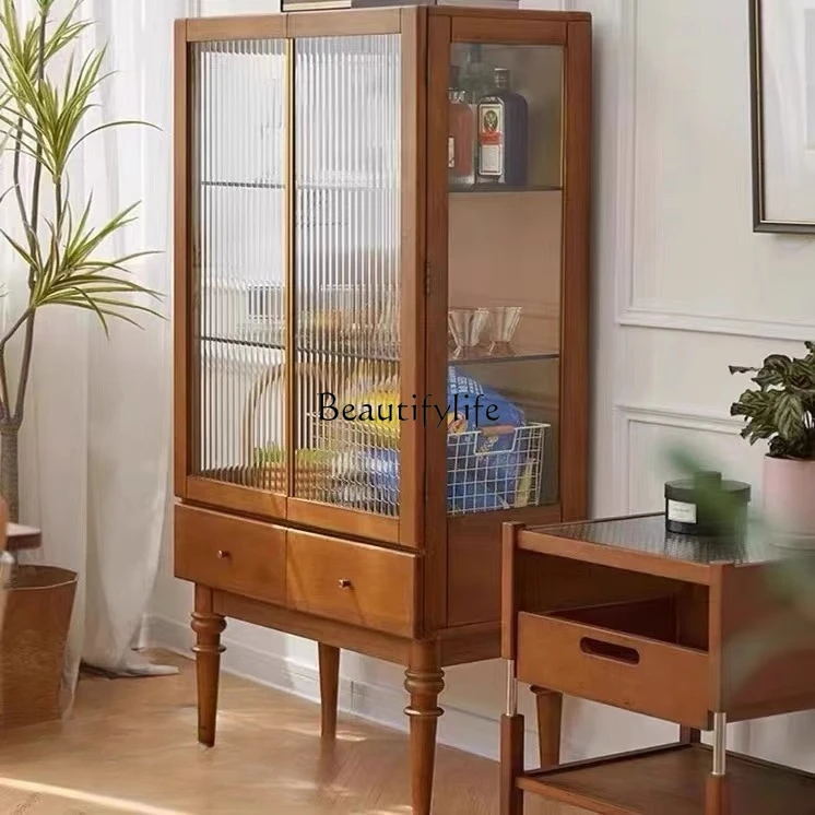 

04*Nordic solid wood dining room Japanese style living room birch transparent glass kitchen tea storage locker