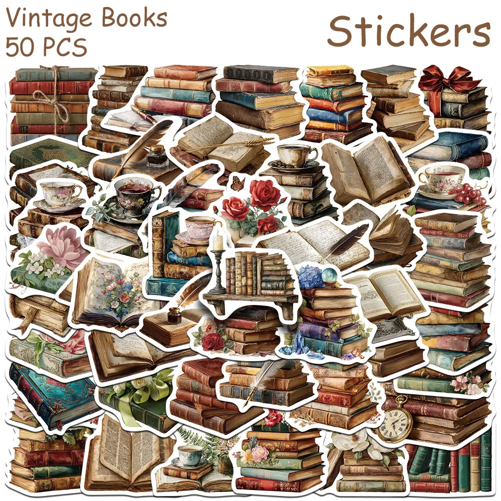 50pcs Vintage Books Stickers Decals For Laptop Scrapbook Luggage Guitar Skateboard DIY Aesthetic Waterproof Stickers Gifts
