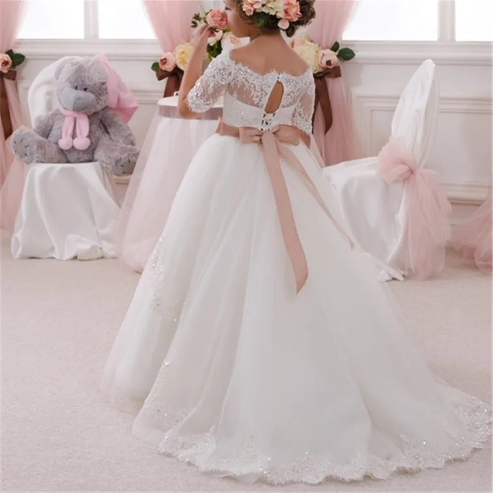 

Gorgeous Lace Wedding Flower Girl Dresses Appliques With Sash Infant Toddler Kids First Communion Dress Birthday Prom Party Gown