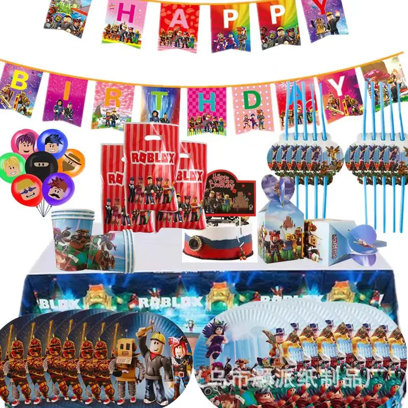 Roblox Sandbox Game Theme Birthday Party Decoration Set Latex Balloons Banner Cake Toppers Party Tableware For Kids Celebration