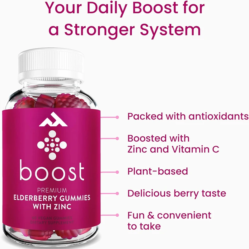 

Boost Elderberry Gummies with Zinc and Vitamin C - Immune Enhancer+zinc Supplement | Non GMO and Vegetarian, 60 Gummies