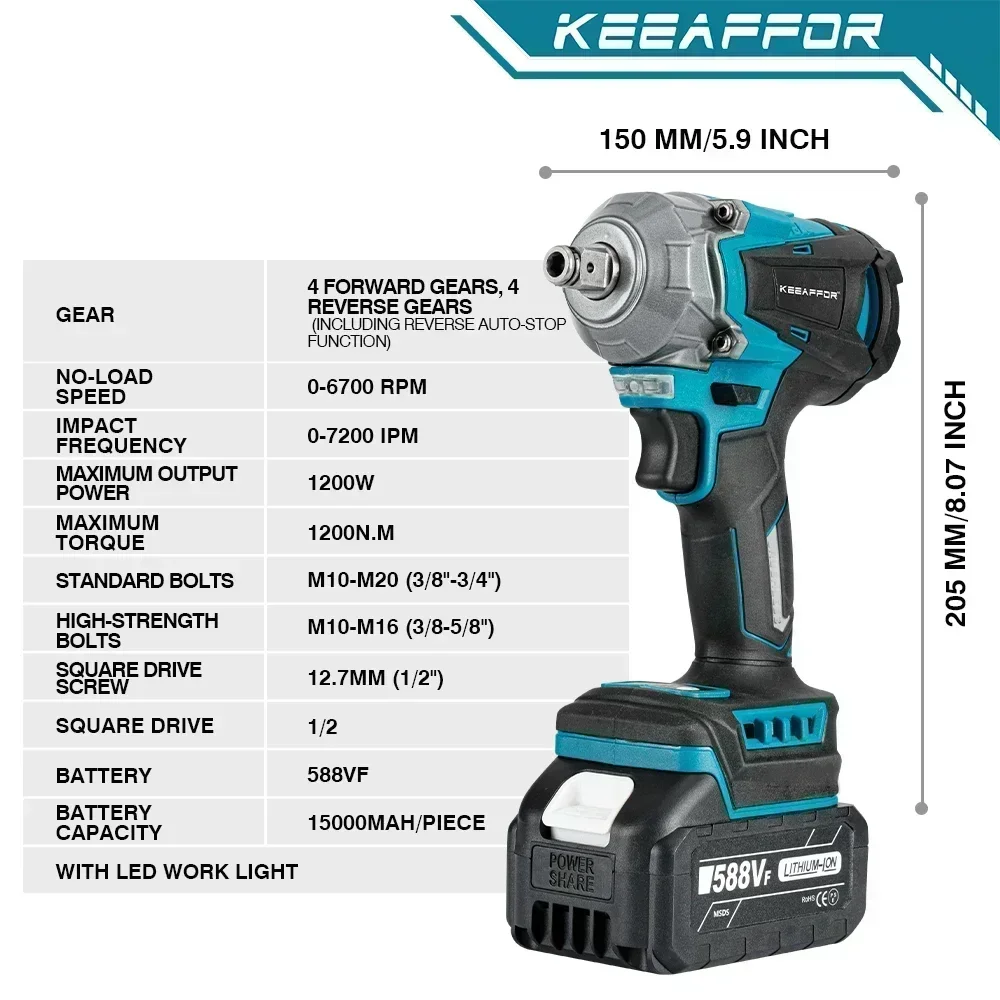 KEEAFFOR 1200N.M Brushless Electric Impact Wrench 1/2 Inch Cordless Electric Wrench Drill Power Tools For Makita 18V Battery