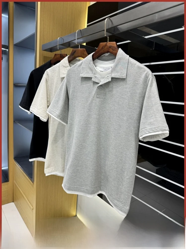 

Retro oulder T-irt Men's ort Sve Patchwork Summer New Arrival Line Fake Two-Piece irt Casual Loose Fit