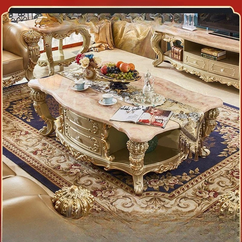 European style living room villa luxury champagne gold crown solid wood carving flower tea table