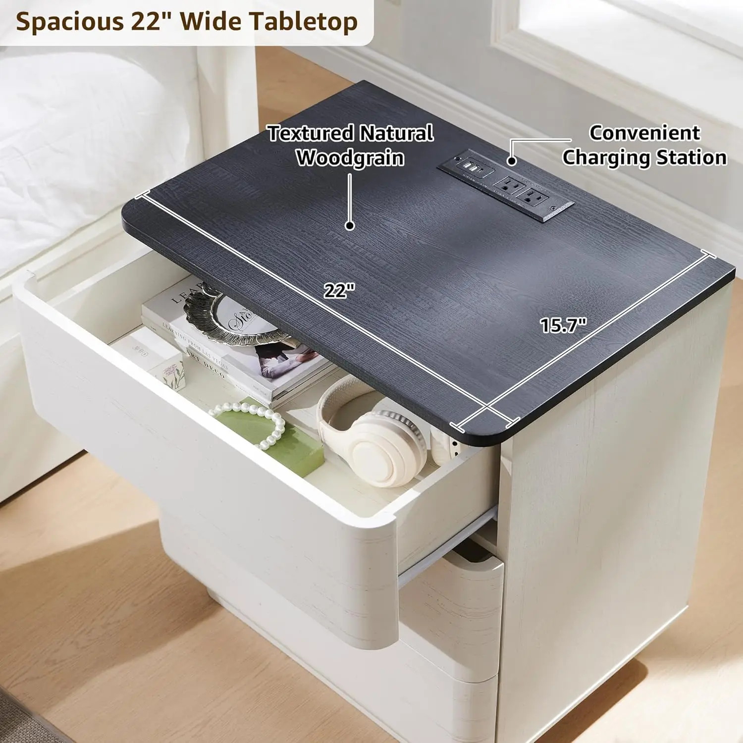 طقم منضدة حديثة مقاس 22 بوصة مكون من قطعتين مع قاعدة شحن، و3 أدراج قابلة للفتح، باللون الأبيض الفاتح #2