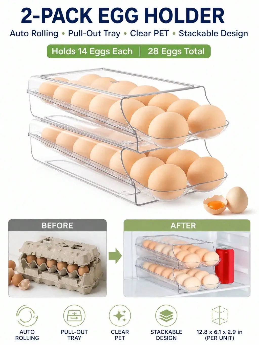 2-Pack Clear Automatic Rolling Egg Holder, Stackable Fridge Drawer Organizer, 28 Eggs Total, Daily Meal Prep Helper