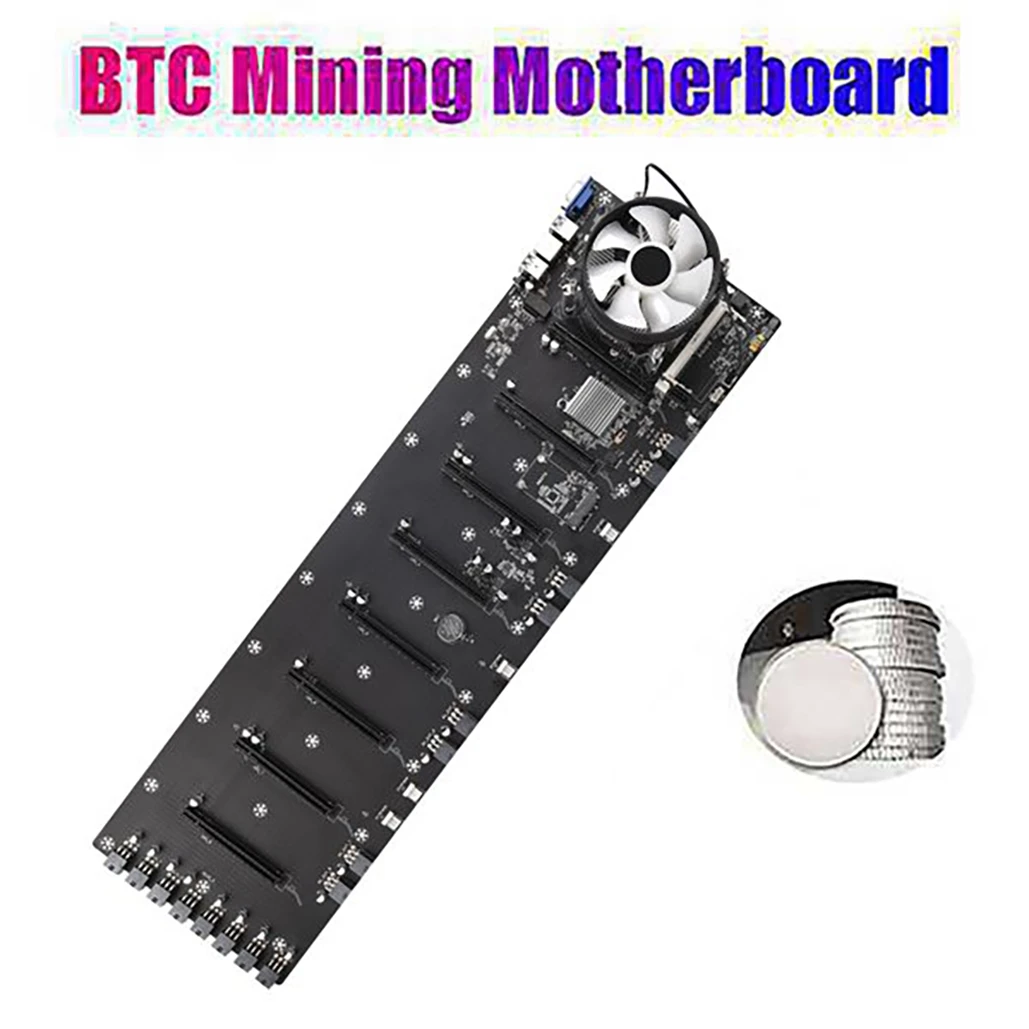 ETH-B75 BTC Mining Motherboard with G530 CPU+CPU Fan+8XPower Cord LGA1155 8 PCIE 16X Graphics Card Slots 65mm VGA