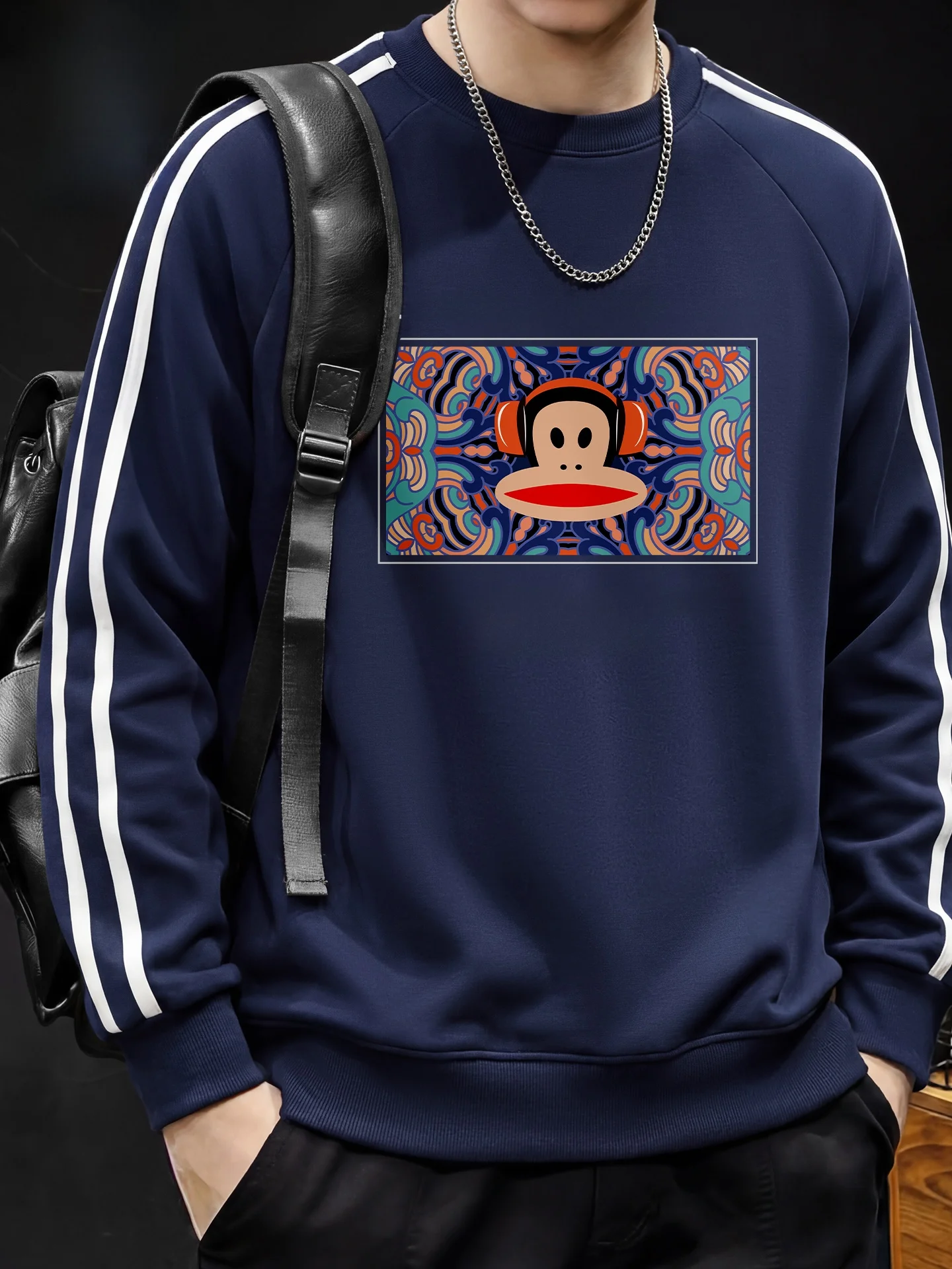 

M Hoodie Spring Bright Blue round Ne Stripe Heavyweight Overhead irt Casual Comfortable Long Sve Sweatirt