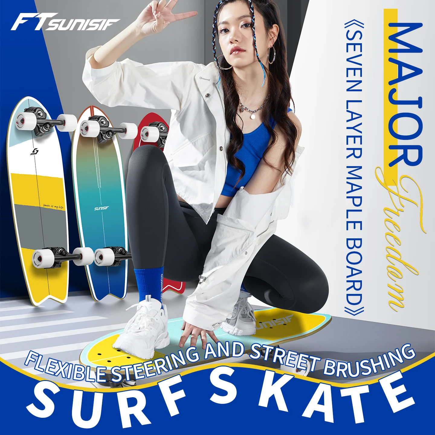 

Sunisif Surf Land Skateboard Maple Single Kick Carving Cruiser Skate Board Longboard Pumping Cool Side Sport Street Outdo