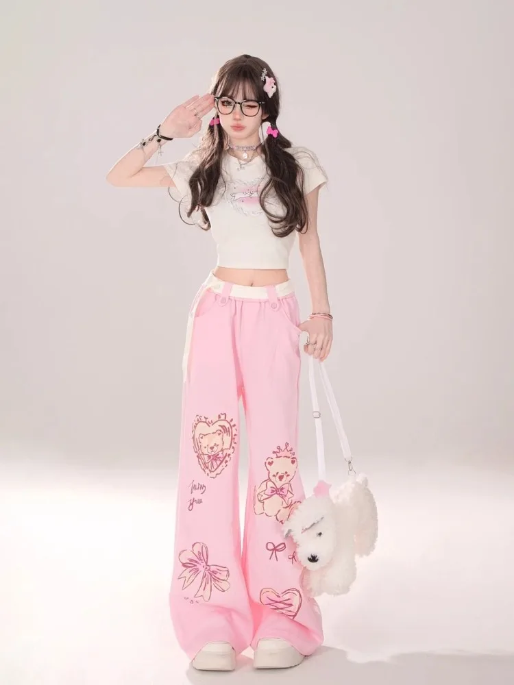 QWEEK Y2k Coquette Kawai Cute Print Sweatpants Women 2024 Spring Autumn Fashion Bow Bear Print Straight Pants Trousers